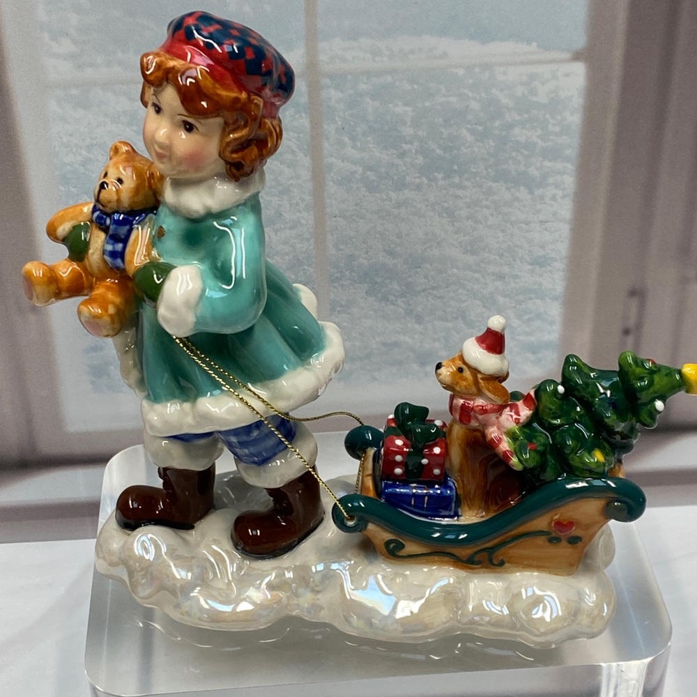 VTG Christmas Girl Pulling Sled Figurine with Teddy Bear, Tree Porcelain Holiday